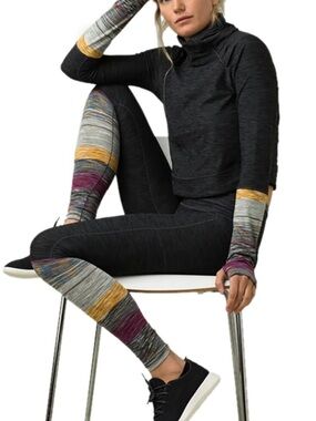 Prana Zandra Funnel Neck Charcoal Gray Crop Top with Multicolor Sleeve Panels